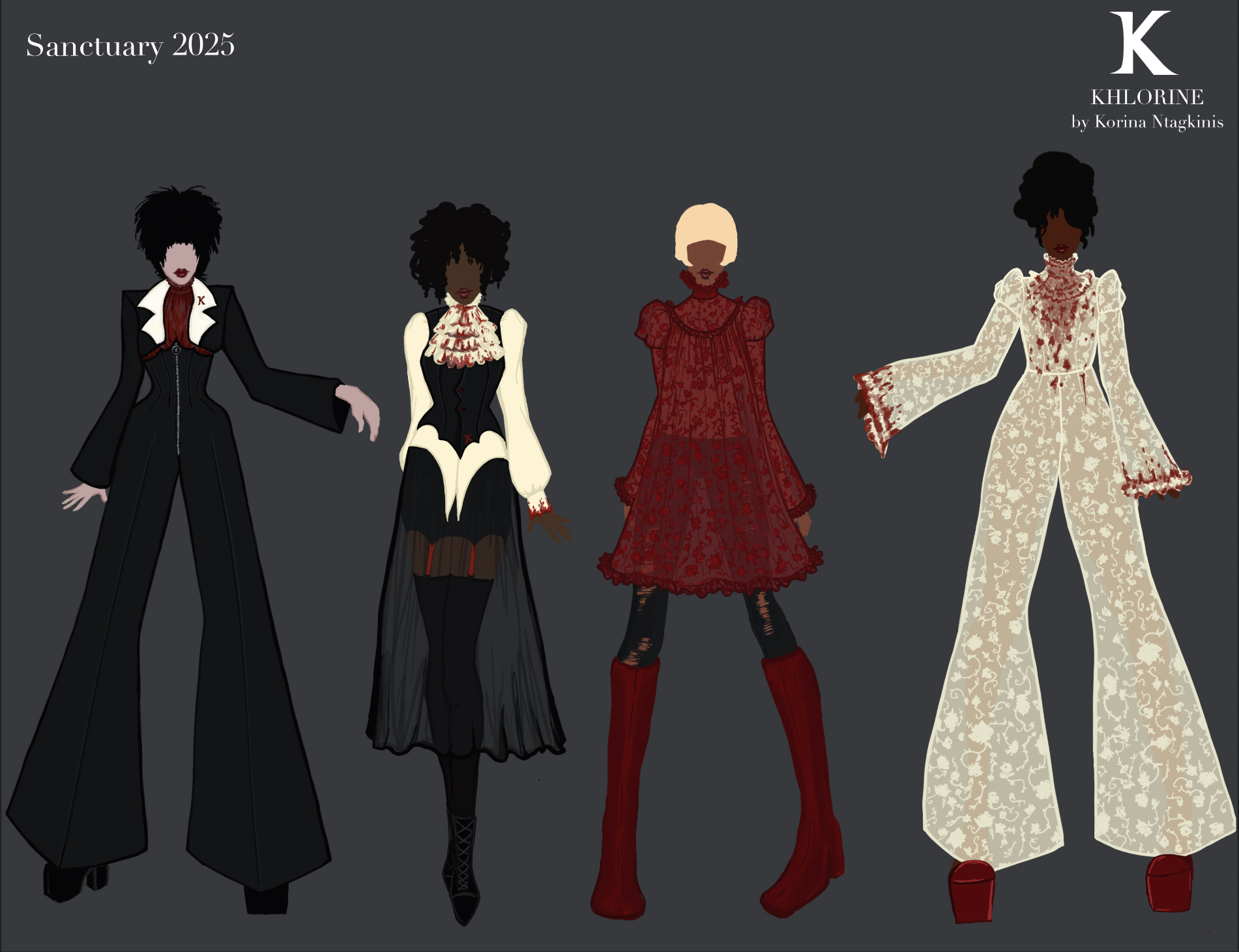 A fashion illustration of four figures in varied feminine gothic outfits. Figure one wears a black corset pant and cropped jacket with a red blouse, Figure two wears an ivory shirt with fake blood stains under a black waistcoat, and a black mini skirt with sheer over-skirt. Figure three wears a red sheer lace a-line dress. Figure four wears an ivory sheer lace jumpsuit with fake blood stains.