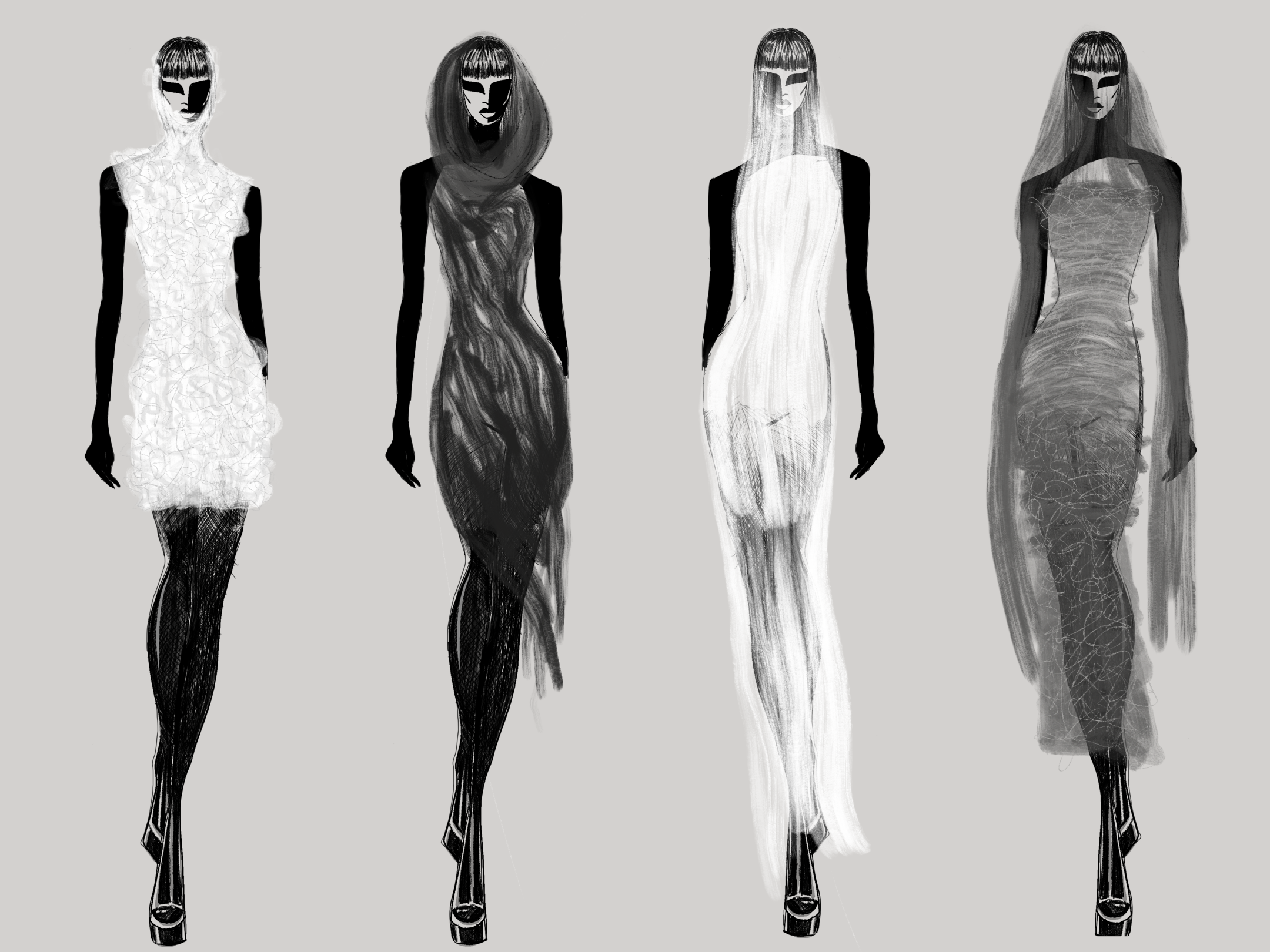Four illustrated figures in black and white gowns with sheer, ruched, and voluminous textures, exploring transparency, movement, and form.